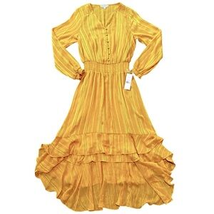 NANETTE LEPORE Gold Ray smocked waist high low ruffled midi dress sz 10 - NWT!!